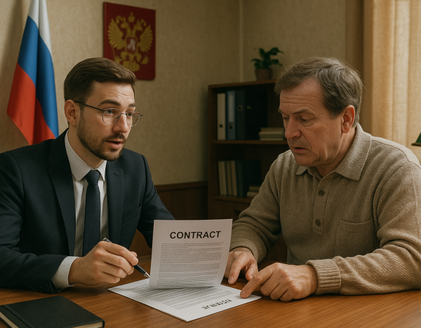 Юрист обсуждает договор с клиентом в офисе
