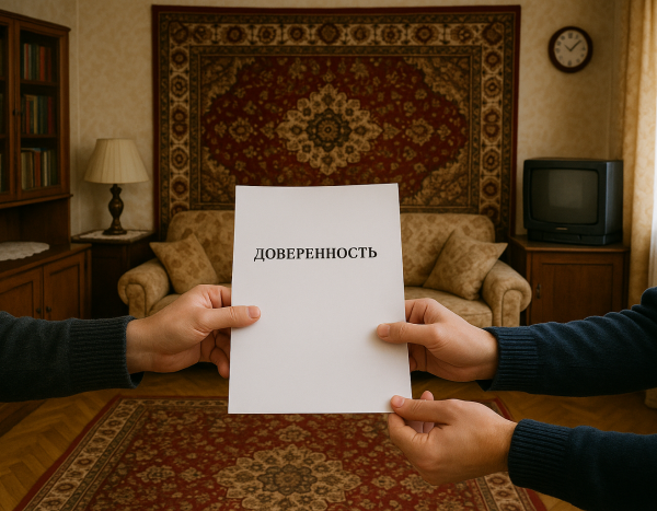 Человек передает документ в российской гостиной, передача доверенности